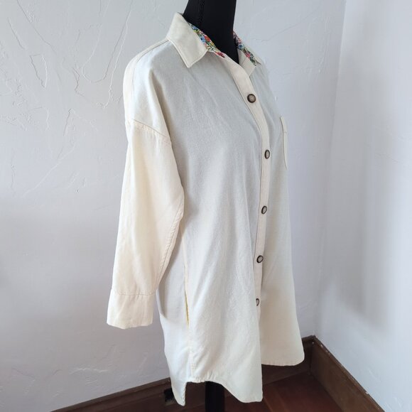 Rifle Paper Company Floral Trim Wool Blend Long-Line Button Up Tunic Off White - Picture 5 of 16